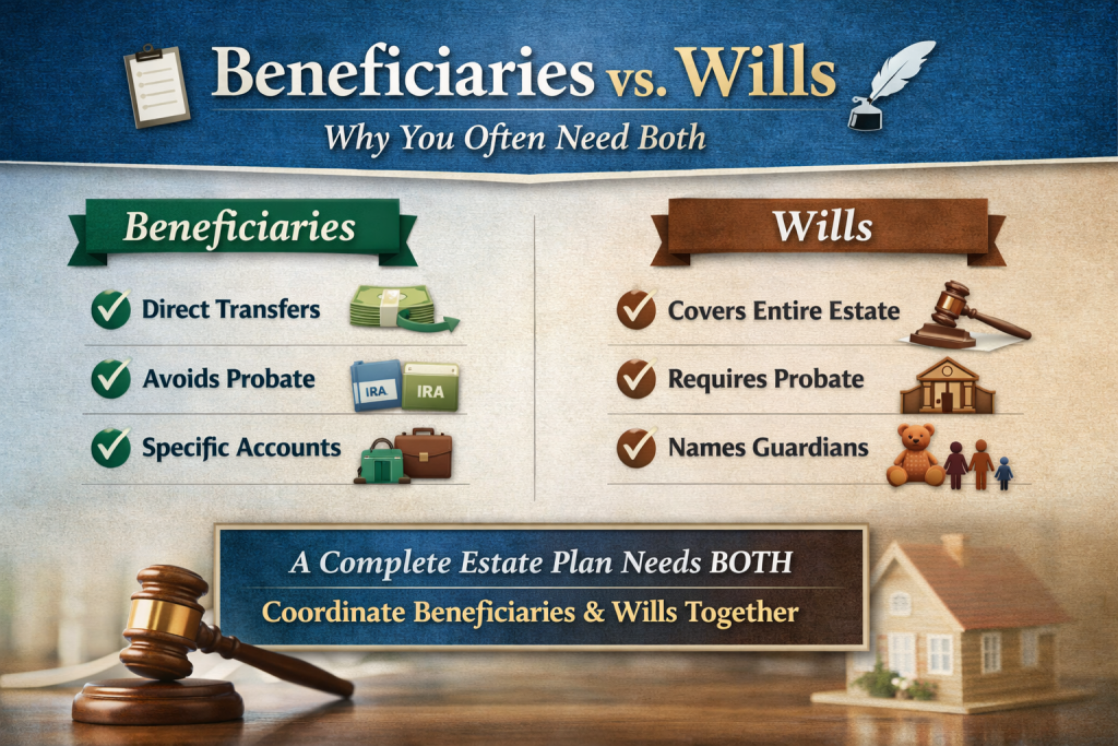 Infographic comparing beneficiaries vs. wills in Michigan estate planning, highlighting direct transfers and probate avoidance versus full estate coverage and guardian designation.